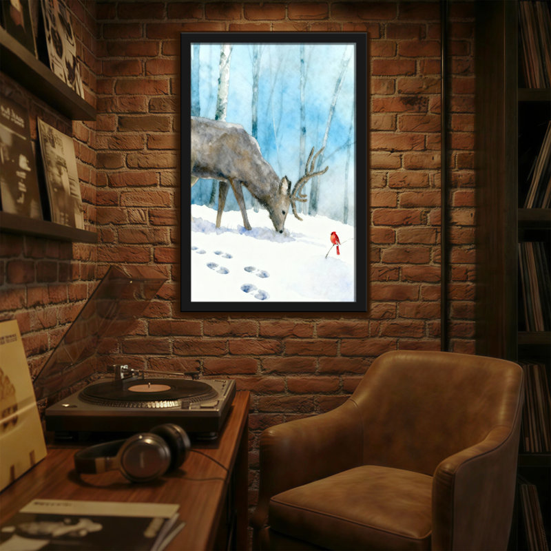 Animaux, cerf dans la neige avec cardinal et arbres, H 18 po x l 12 po