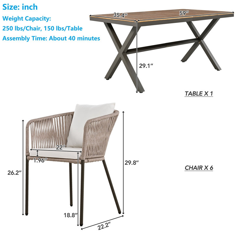 Meladie 6 - Person Acacia Patio Dining Set with Rectangular Table , Cushions Included, Brown/Black