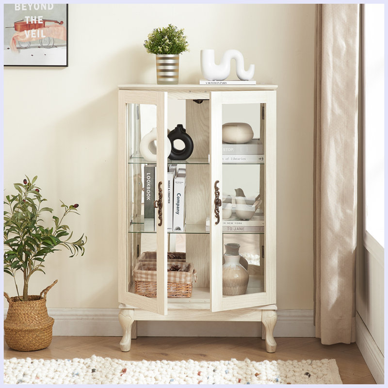 2 Doors Curio Cabinet with Tempered Glass Doors, White