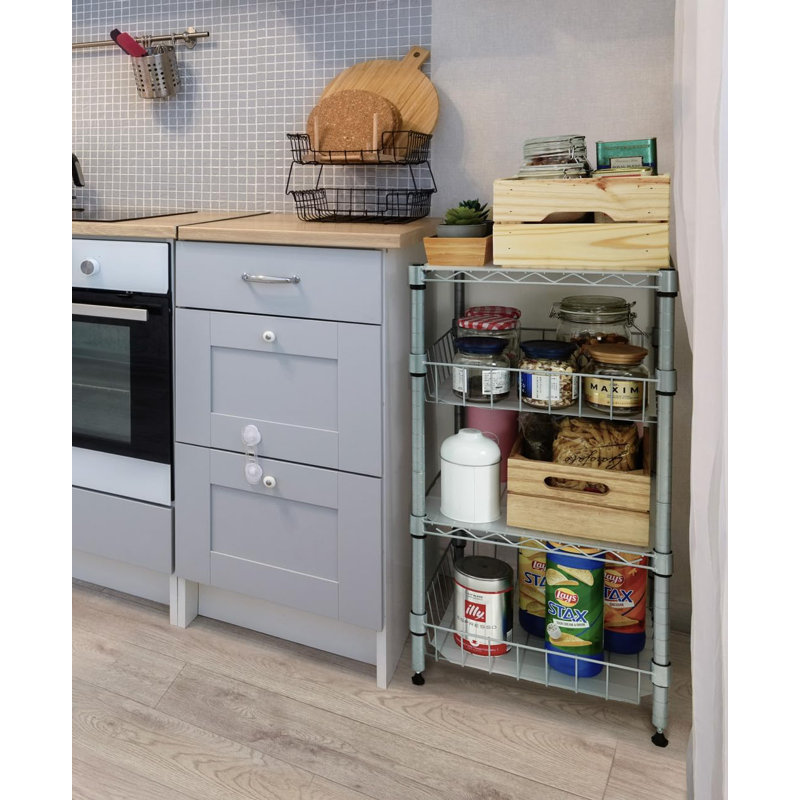 CAPHAUS NSF Adjustable 2 to 4 Tier Stackable Wire Shelving Unit w/ Basket & Liner, Black and Silver, Silver