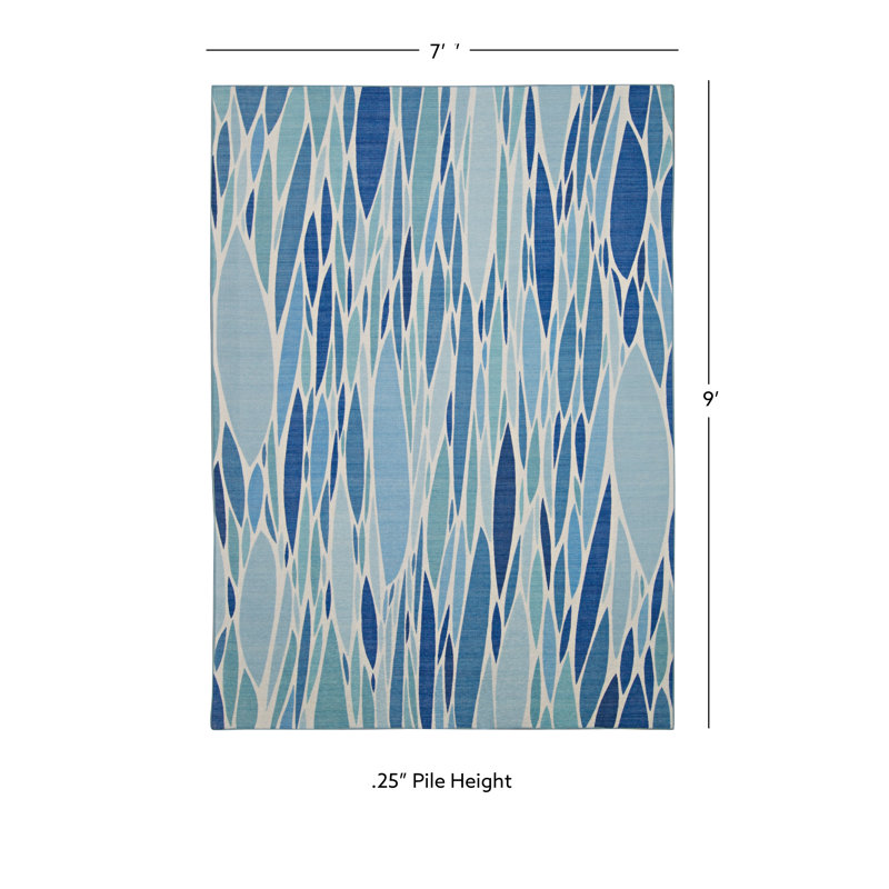 Kivett Lakebed Blue and Ivory Indoor Outdoor Machine Washable Area Rug, Rectangle 7' x 9'