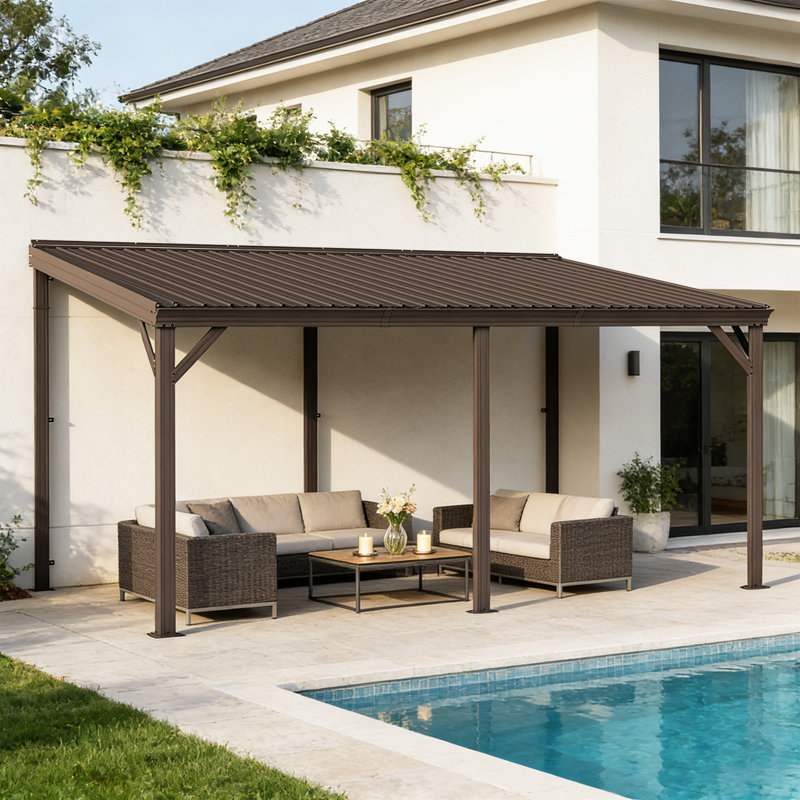Pergola murale de terrasse avec toit en acier galvanisé incliné, 99.23" H x 189.7" W x 143.31" D, Brun