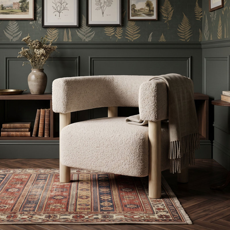 Fauteuil d'appoint rembourré en tissu bouclé avec coussin, structure en bois d'hévéa, fauteuil lounge confortable pour salon
