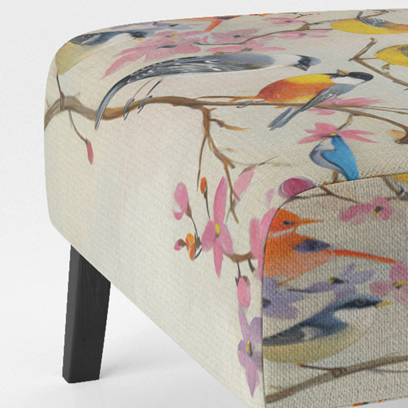 Multi-Color Bird On Tree - Upholstered Farmhouse Accent Slipper Chair, Cream Polyester Blend