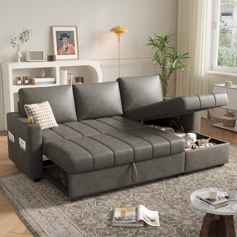 Canapé-lit modulaire en L 89 po avec rangement caché, canapé-lit escamotable en similicuir pour le salon