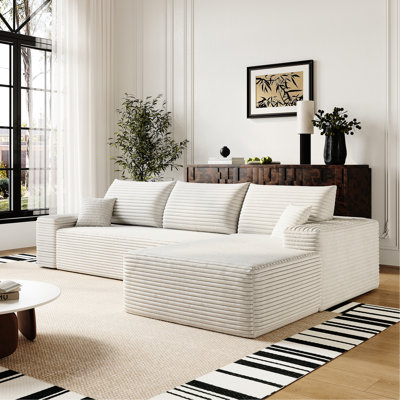 Canapé modulaire en L 107 po avec 3 coussins en forme de L, revêtement en velours côtelé blanc, modulaire moderne pour le salon, aucun assemblage requis. Canapé en tissu avec méridienne, blanc, chambre à coucher