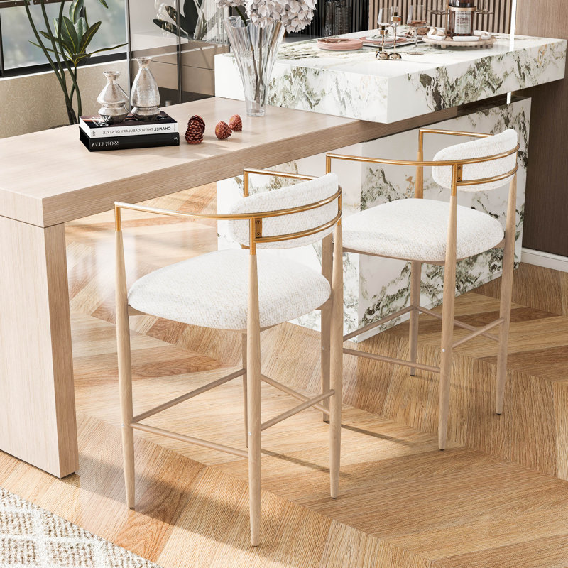 Amen Upholstered Bar Stools, Beige Boucle/Natural Wood Base, Bar Stool (30.25" Seat Height)