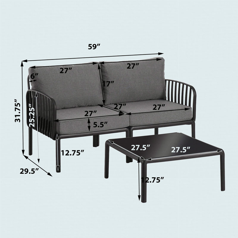 Ensemble de conversation de patio 3 pièces, ensemble de mobilier modulaire d'extérieur moderne avec table basse carrée, siège profond à coussin épais imperméable