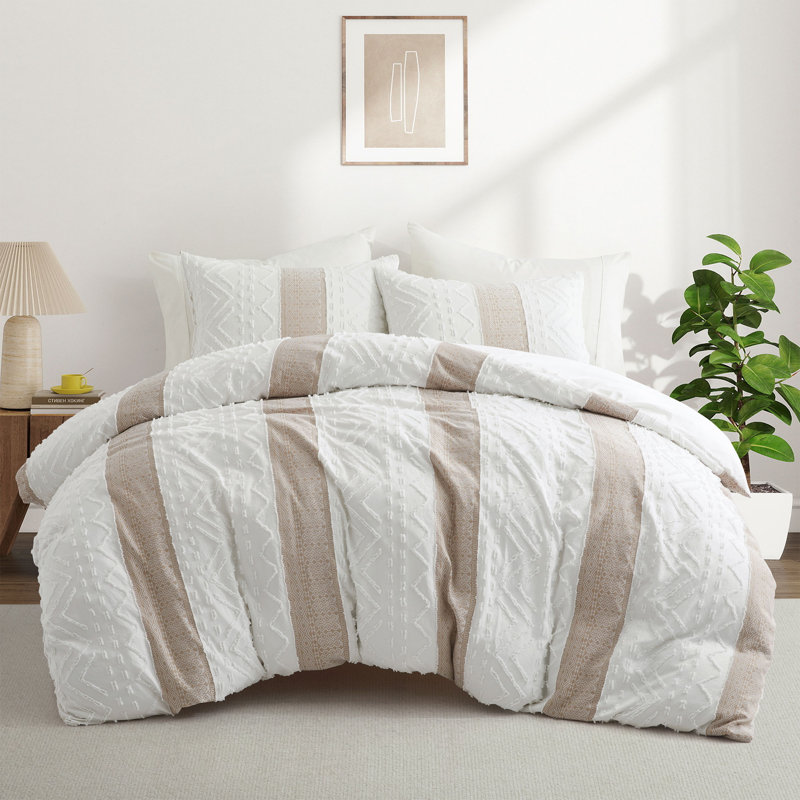 White & Brown Wave Stripe Duvet Cover Set with Pillowcases - Zipper Closure, Modern Bedding Collection (King)
