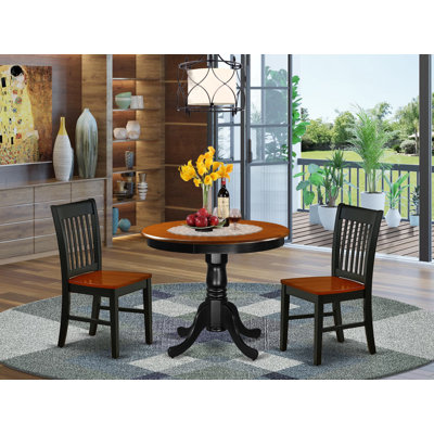 L'ensemble 3 pièces de table et chaises de cuisine comprend une table de salle à manger ronde avec piédestal et 2 chaises en bois massif, 36 po x 36 po, noir et cerise
