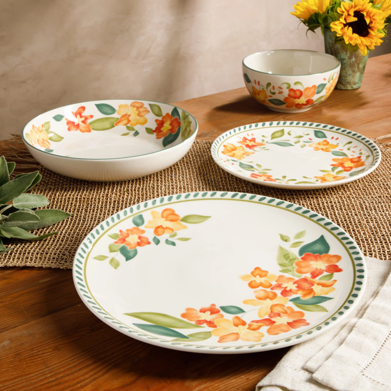 Bloomhouse Cassia Bud 16-Piece Hand Painted Floral Ceramic Dinnerware Set