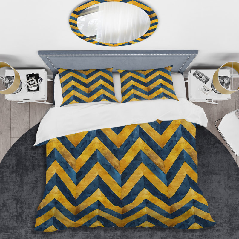 Ensemble de housse de couette moderne bleu et jaune à motif de chevrons glamour VI