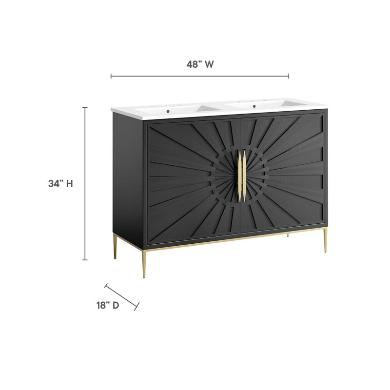 Awaken 48" Black and White Double Sink Bathroom Vanity with Gold Accents