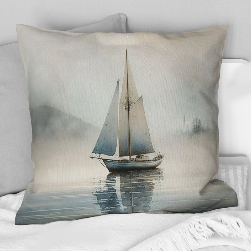 Bateau sur le lac I - Coussin décoratif imprimé bateau côtier, H 16 po x l 16 po, Carré