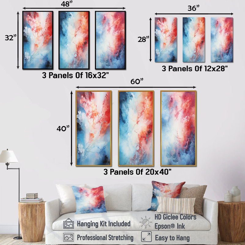 Feu et glace Tachisme Drift I - Tachisme, ensemble de 3 reproductions d'art mural, Cadre flottant blanc, H 28 po x l 36 po