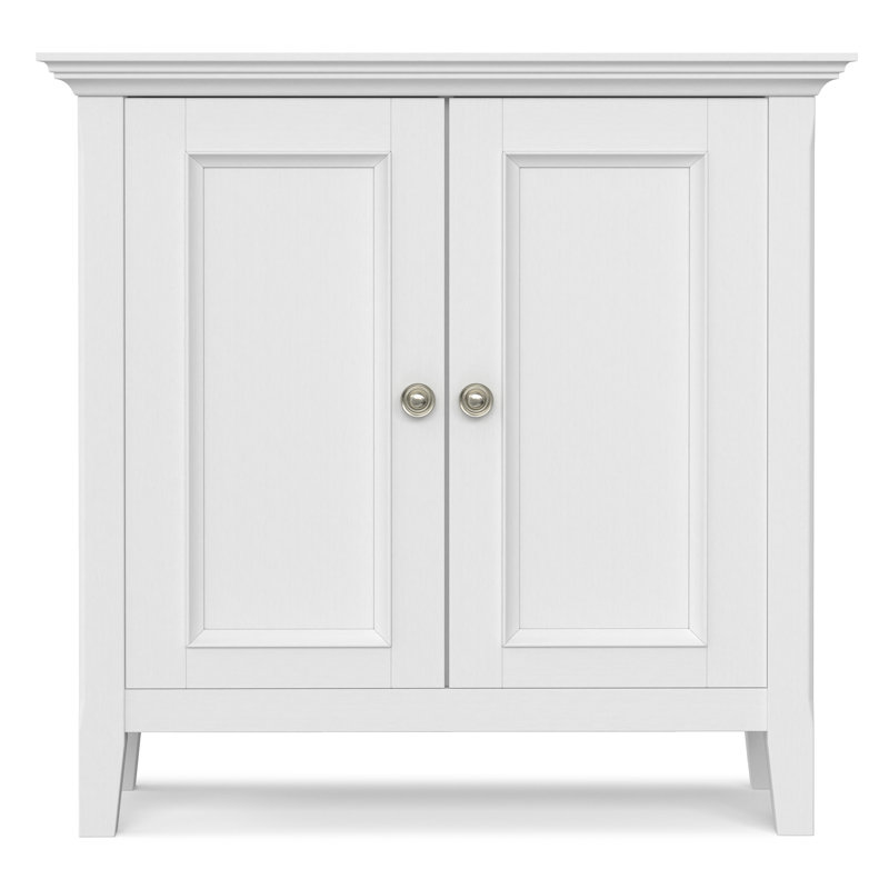 Armoire de rangement basse en bois massif avec tablettes réglables Manervia, Blanc