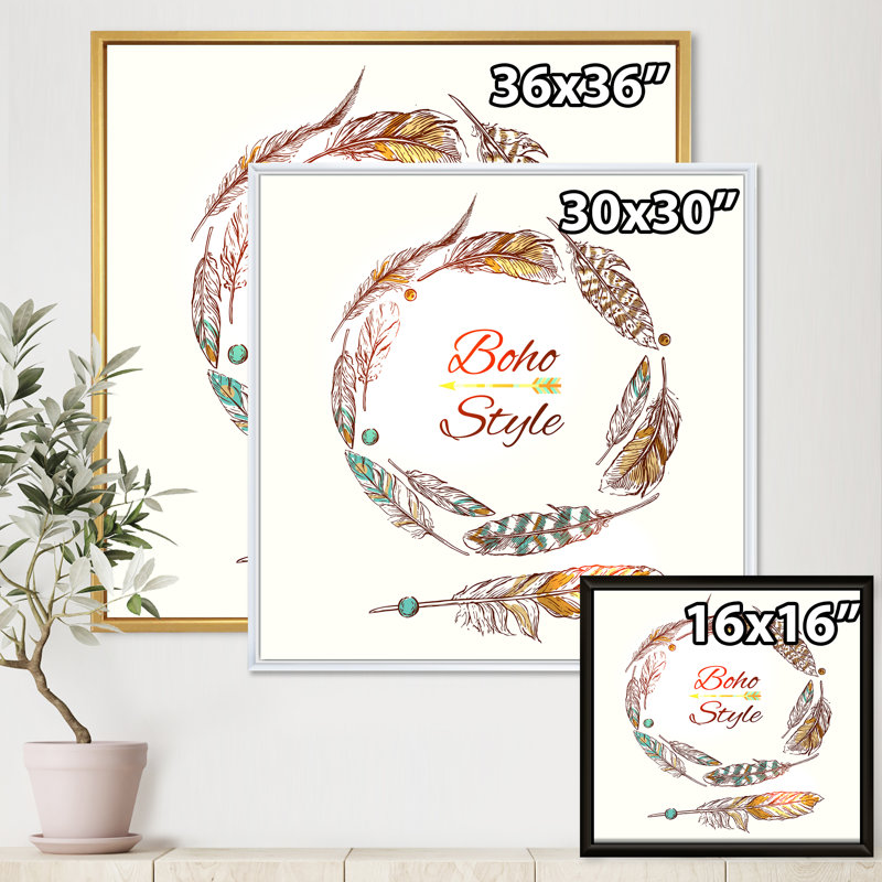 Plume bohème ethnique - Art textuel sur toile, H 16 po x l 16 po x P 1 po, Cadre blanc