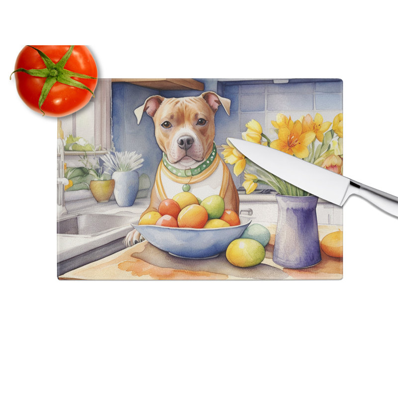 Decorating Easter Staffordshire Bull Terrier Glass Cutting Board