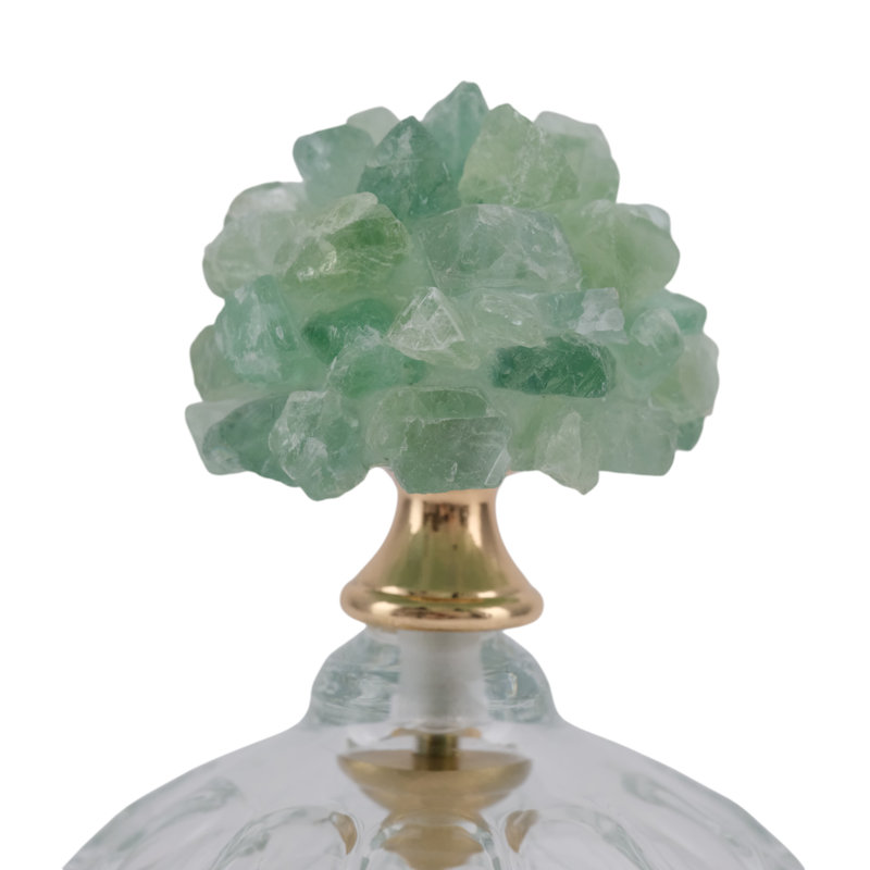 Decorative Glass Stone Metal Jar With Sculpted Fauna Lid Detailing And Textured Transparent Body For Unique Accent Display