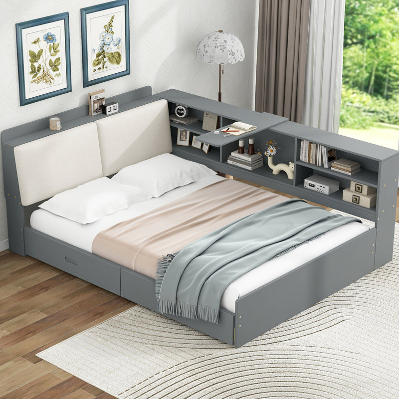 Gray Full Size Wood Bed With Storage Headboard, 2 Drawers, Pine + And Comfortable Sleep Surface Headboard Shelves High - Load Capacity Construction