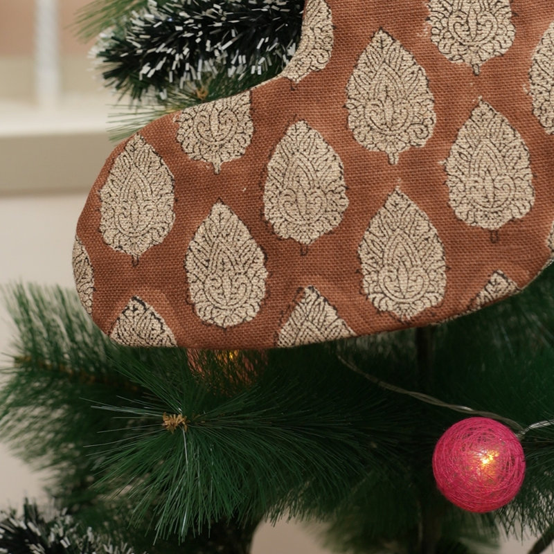  Chaussette de Noël artisanale à imprimé bloc de Noël en lin durable fait à la main, H 10 po x l 4,5 po