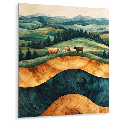 Cows Into A Summer Field Landscape II - vache, art mural en métal, reproduction d'art moderne en métal