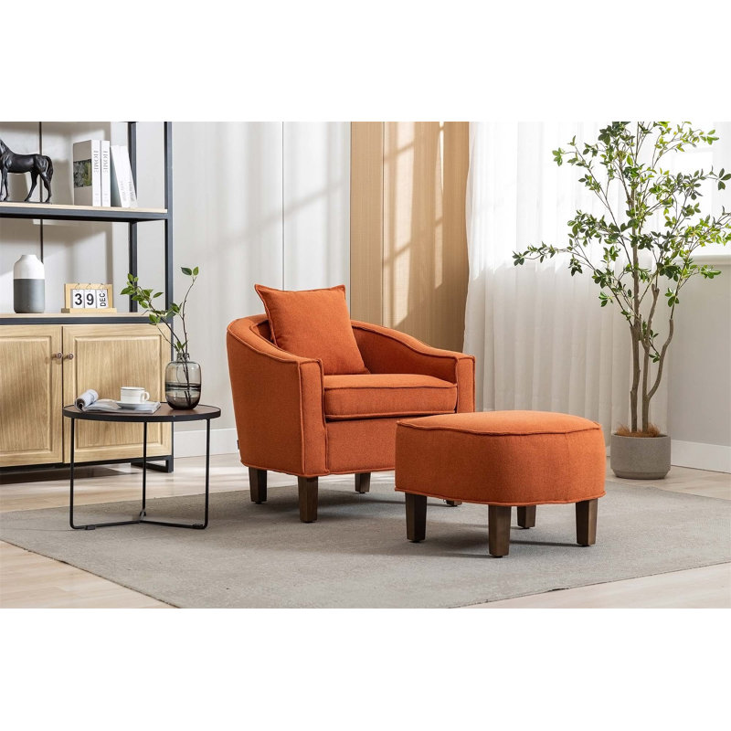 Confortable fauteuil d'appoint Mid-Century moderne avec repose-pieds pour la détente, 100 % lin orange