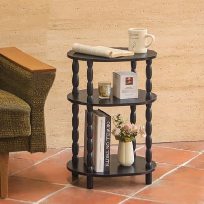 Table d'appoint noire avec station de recharge, petite table ovale à 3 niveaux avec ports USB et prise électrique, table de chevet moderne en bois pour salon ou chambre, noire