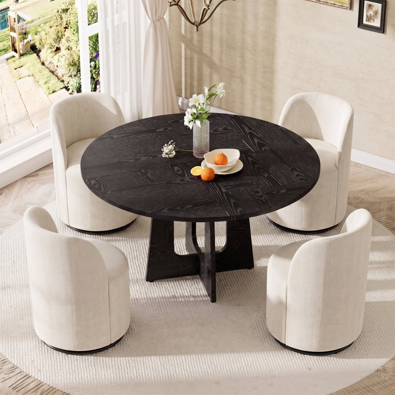 Ensemble de salle à manger moderne de 5 pièces avec des chaises pivotantes rondes en lin beige rembourrées et à roulettes