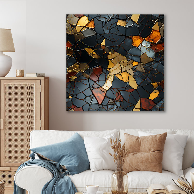Carreaux de mosaïque dorés et noirs II - art mural abstrait, H 16 po x l 16 po x P 1 po, Toile tendue