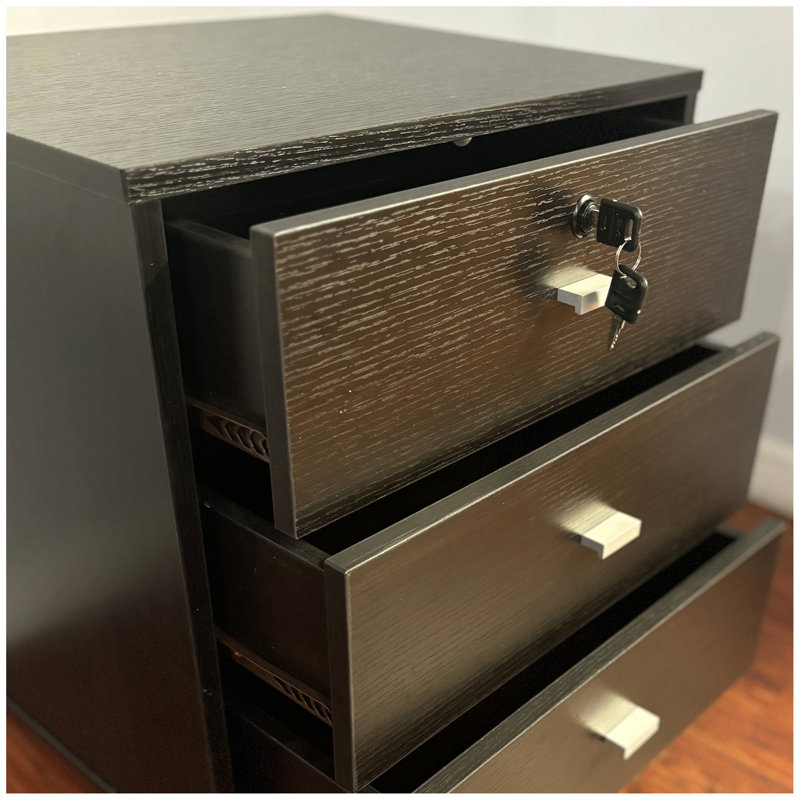 Three drawer nightstand locking top drawer metal drawer glides metal bar handles, Espresso