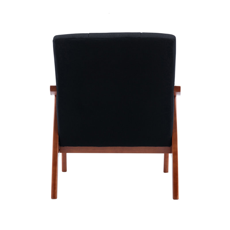 Fauteuil d'appoint en tissu capitonné avec pieds en bois d'hévéa Ameer, Mélange de polyester noir