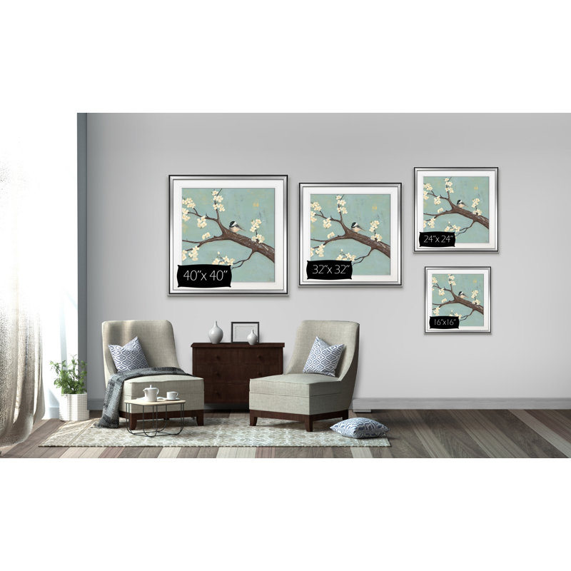 « chickadee & dogwood ii », peinture, H 16 po x l 16 po x P 1,5 po, Encadrement argenté