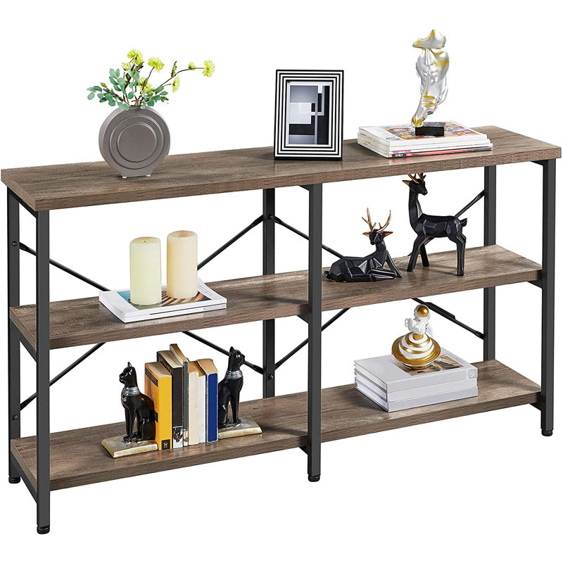 Taupe Wood and Black Metal 3-Tier Industrial Console Table with Storage
