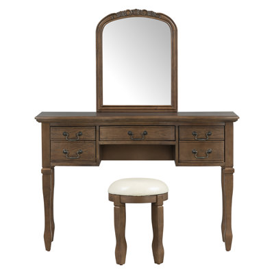 Coiffeuse de maquillage 46 po avec miroir à cadre floral incurvé, coiffeuse élégante avec 5 tiroirs et tabouret en cuir, coiffeuse avec pieds en bois massif et poignées antiques