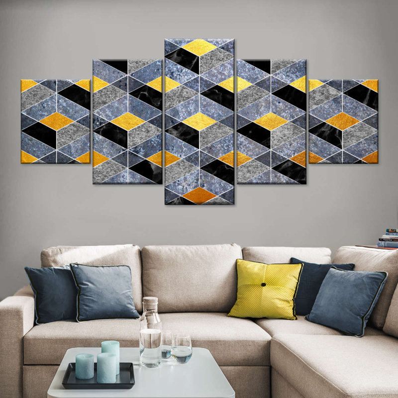 Abstrait géométrique Golden Steps, ensemble de 5 pièces sur toile, H 24 po x l 55 po x P 1,25 po