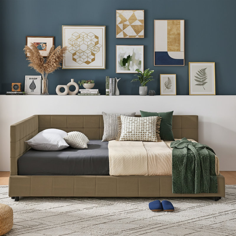  81" Full Size Upholstered Daybed - Solid Eucalyptus Wood Frame - Velvet Corner Chaise Lounge - 500 lbs Capacity, Brown