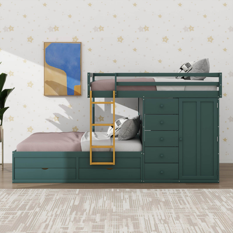 Lit superposé double avec 7 tiroirs de rangement et petite armoire, conception de rangement moderne, Vert Morandi