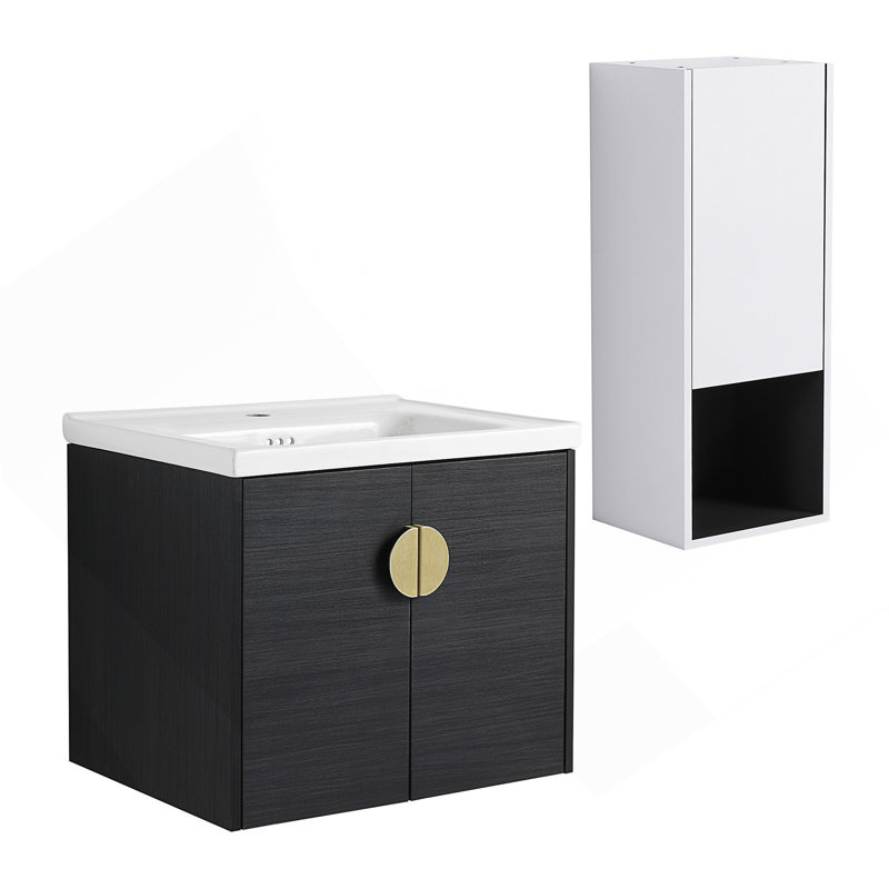 Meuble-lavabo mural 24 po avec lavabo en céramique et armoire latérale, portes à fermeture en douceur