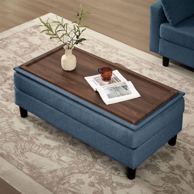 102.4" Wide Sofa with Storage Ottoman and Long Bench with Coffee Table, Blue Polyester Blend