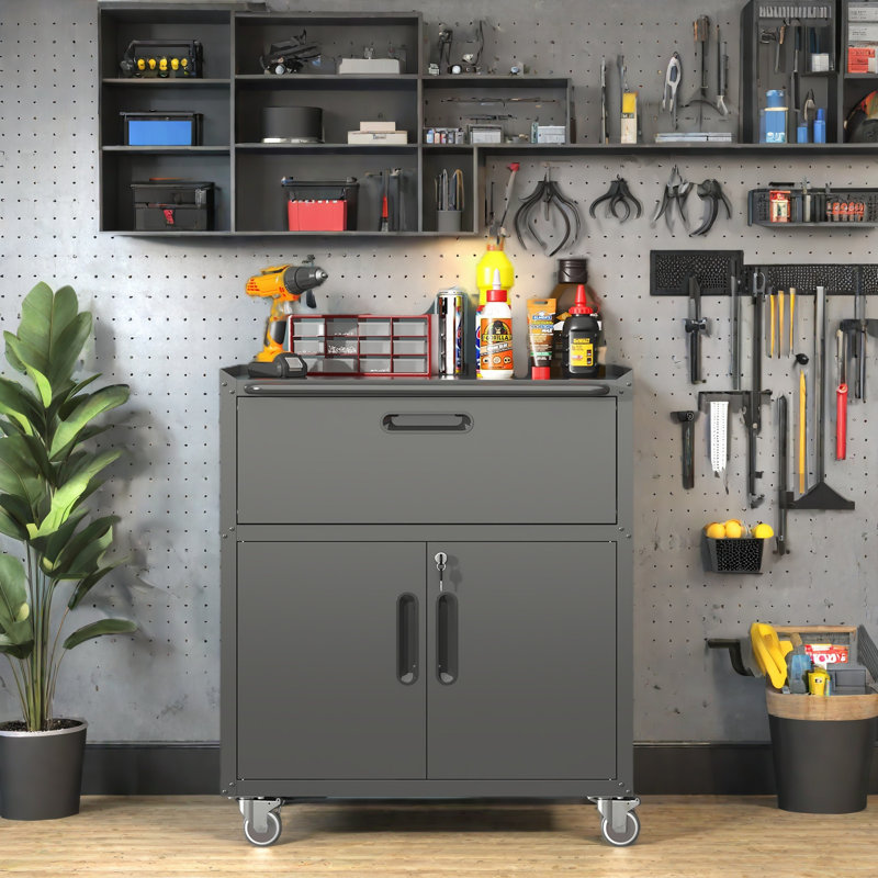 Sturdy And Durable Metal Tool Cabinet For Garage With Wheels - Mobile Heavy-Duty Storage Cabinet With 1 Drawer And 2 Locking Doors