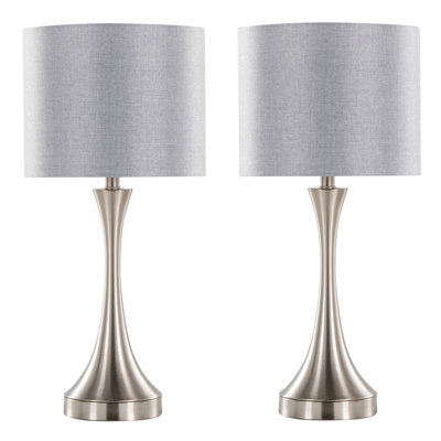 25" Contemporary Metal Table Lamp In Brushed Nickel With Grey Linen Shade And Built-In Usb Port - Set Of 2