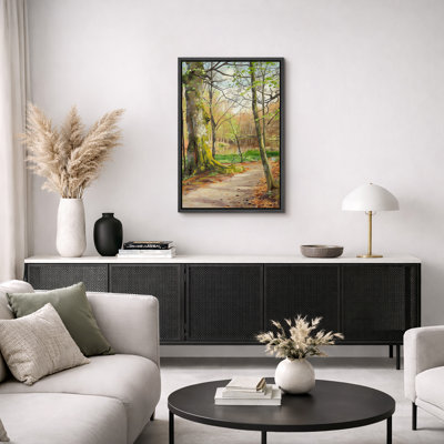 "Sunlit Forest Path" par Lake, art, paysage de forêt sereine, impression sur toile encadrée