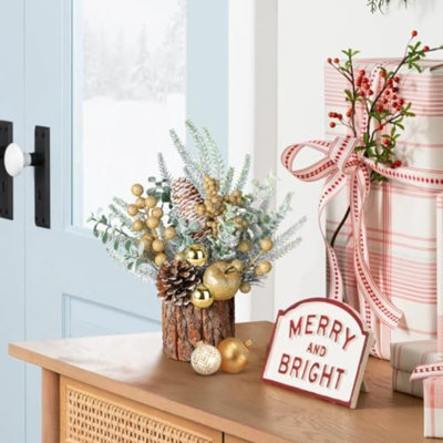 Small Christmas Tree, Artificial Christmas Tree With Ornaments Pine Cone Berry, Tabletop Christmas Tree For Christmas Decorations Home Room Party Winter Indoor Outdoor(Gold-Round)