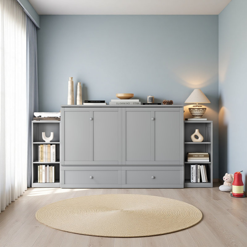 Grand lit escamotable avec tiroirs et tablettes de rangement spacieux, idéal pour les chambres d'amis ou les chambres compactes