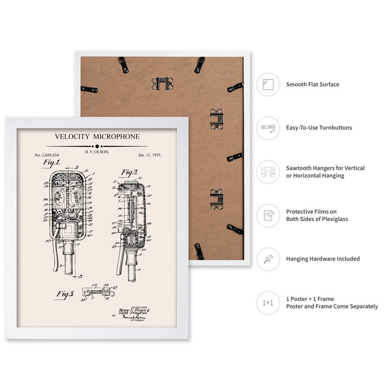 Microphone Blueprint No2, Poster, 24"H x 32"W, White Framed
