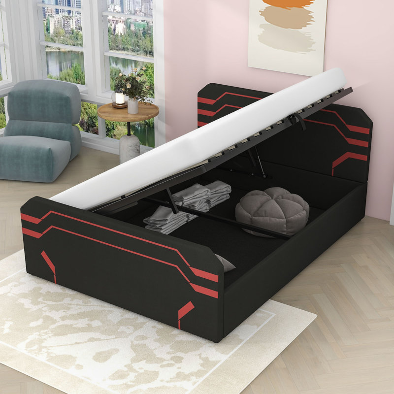 Grand lit de jeu futuriste Cyberpunk avec rangement hydraulique à levage latéral, Noir / Rouge