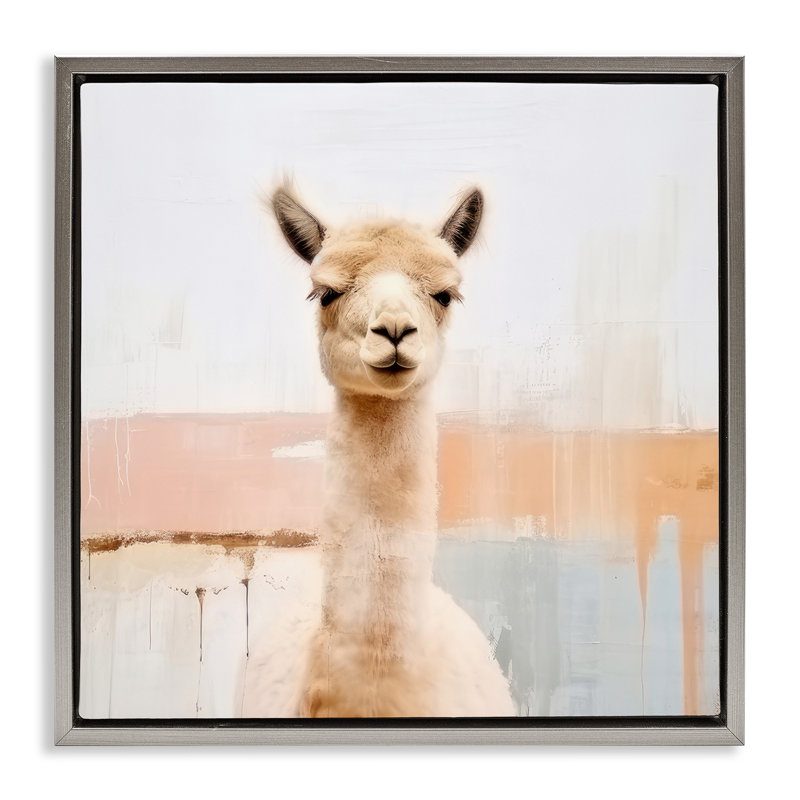 Portrait de lama rustique, Cadre flottant gris lustré, H 18 po x l 18 po