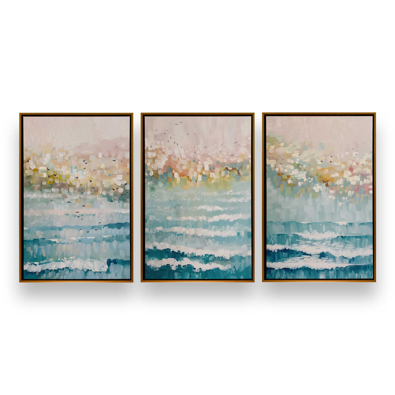 Ensemble de 3 impressions Seaside Sunrise Drift, 48 po x 32 po, Cadre flottant or poli