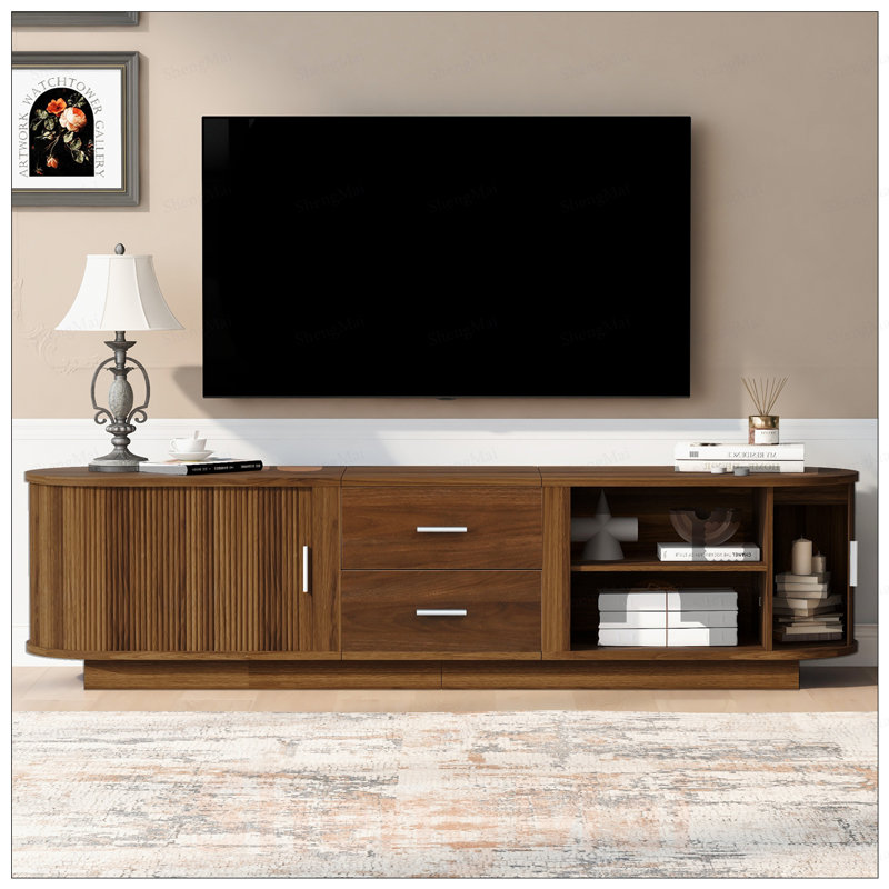 Meuble télé moderne avec tiroirs, rangement coulissant caché, coins arrondis et surface imperméable, pour téléviseurs de 65 à 70 po